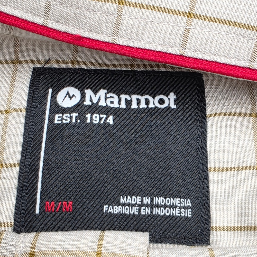 Marmot Mens M Short Sleeve Button Up Shirt Tan Plaid Hiking Outdoor Breathable - Picture 3 of 9